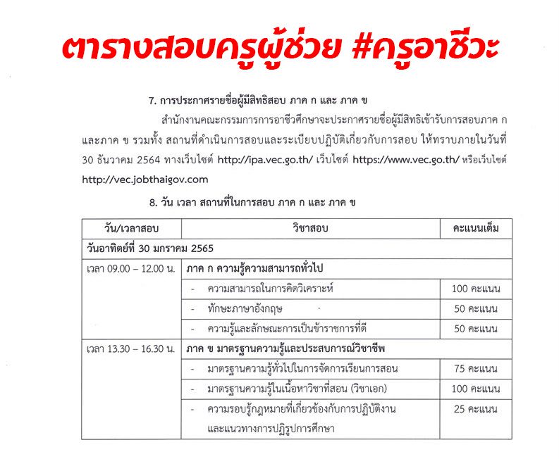 สอบครูผู้ช่วย อาชีวะ กำหนดวัน เวลา สถานที่สอบ ผังที่นั่งสอบ และระเบียบปฏิบัติในวันสอบภาค ก และ ภาค ข