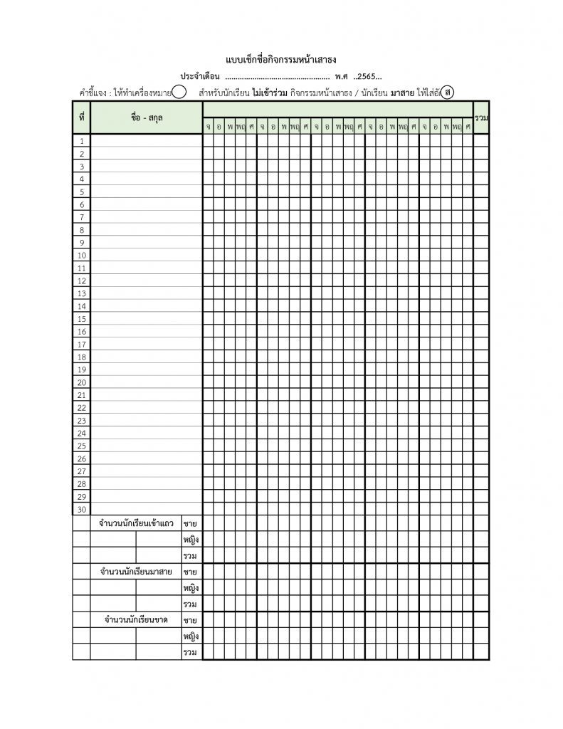 แจกฟรี แบบเช็กชื่อเข้าร่วมกิจกรรมหน้าเสาธง รูปแบบไฟล์ word *.docx แก้ไขได้ ประยุกต์ไปใช้ในชั้นเรียนได้ 