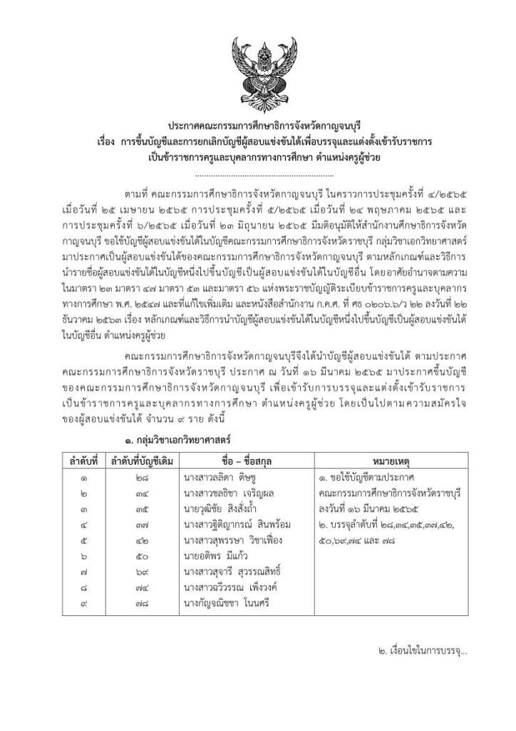 กศจ.กาญจนบุรี เรียกบรรจุครูผู้ช่วย จำนวน  9 อัตรา ขอใช้บัญชี กศจ.ราชบุรี รายงานตัว 3 ตุลาคม 2565