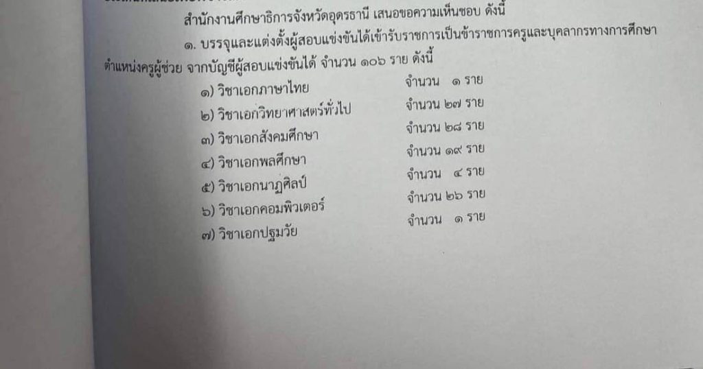 กศจ.อุดรธานี เตรียมเรียกบรรจุครูผู้ช่วย 106 อัตรา รายงานตัว พฤศจิกายน 2565