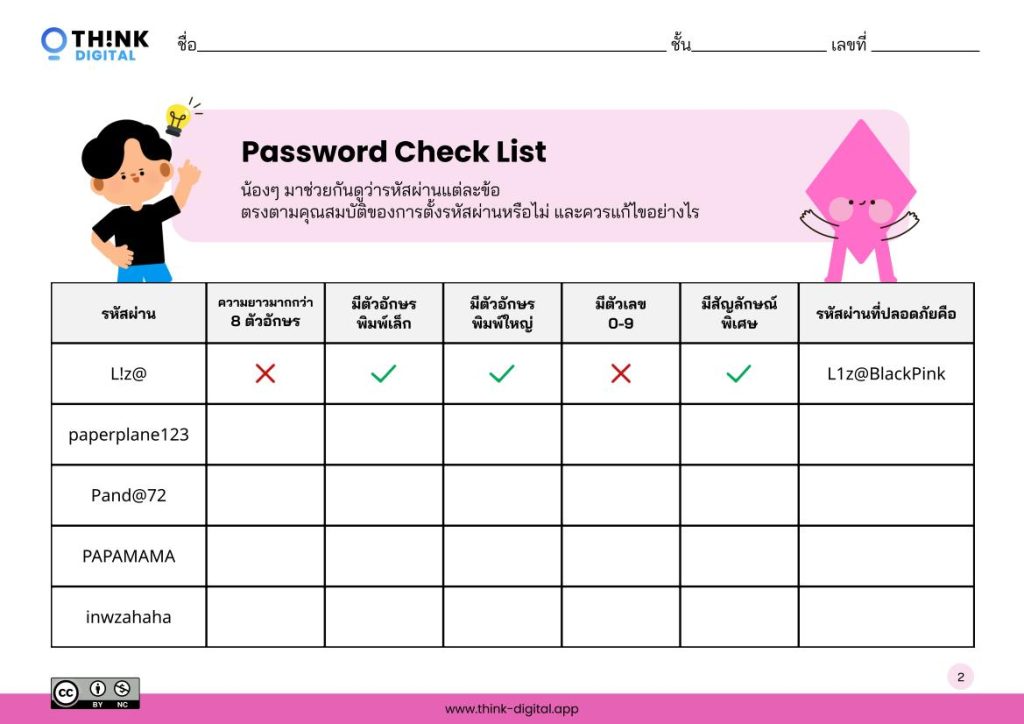 01 PasswordCheecklist 02 ใบงานเช็คลิสท์การตั้งรหัสผ่าน 2023 โดย Think-Digital เรียนวิธีคิด ผ่านความฉลาดทางดิจิทัล