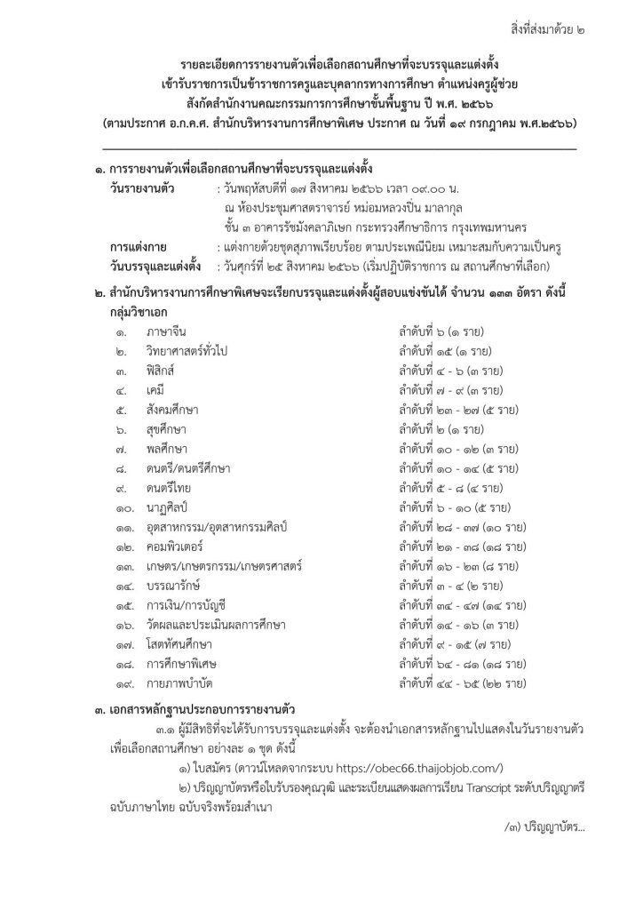 3. สิ่งที่ส่งมาด้วย 2 01 1 สำนักบริหารงานการศึกษาพิเศษ เรียกบรรจุครูผู้ช่วยรอบ3 จำนวน 133 อัตรา บัญชีปี 1/2566 รายงานตัว 17 สิงหาคม 2566