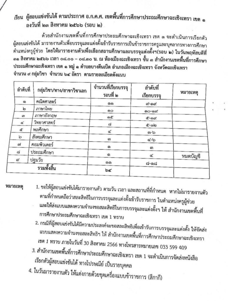 สพป.ฉะเชิงเทราเขต1 เรียกบรรจุครูผู้ช่วยรอบ2 จำนวน 64 อัตรา บัญชี 2566 รายงานตัว 31 สิงหาคม 2566