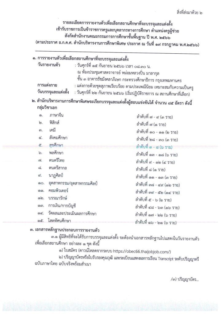 2. สิ่งที่ส่งมาด้วย 1 01 สศศ.เรียกบรรจุครูผู้ช่วยรอบ4 จำนวน 85 อัตรา บัญชีปี 1/2566 รายงานตัว 15 กันยายน 2566