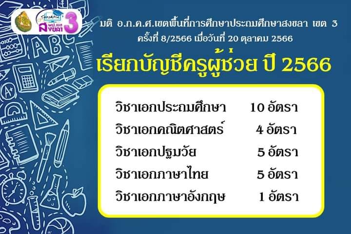 สพป.สงขลาเขต3 เรียกบรรจุครูผู้ช่วยรอบ2 จำนวน 25 อัตรา บัญชี 1/2566 รายงานตัว พฤศจิกายน 2566