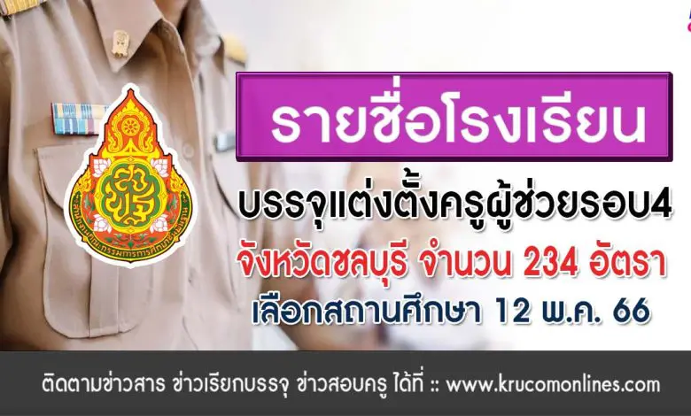 รายชื่อโรงเรียน บรรจุข้าราชการครูจังหวัดชลบุรี บรรจุครูผู้ช่วย จำนวน 234 รายชื่อ เลือกสถานศึกษา 12 พฤษภาคม 2566 รายงานตัว 15 พฤษภาคม 2566
