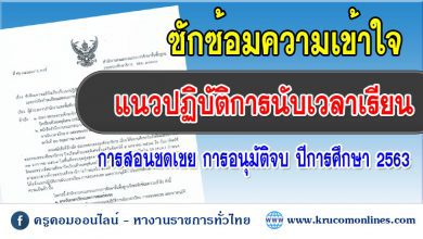 แนว 1 ซักซ้อมความเข้าใจเกี่ยวกับแนวปฏิบัติการนับเวลาเรียน การสอนชดเชย การอนุมัติการจบการศึกษาและการจัดทำระเบียนแสดงผลการเรียน (ปพ.1) ปีการศึกษา 2563