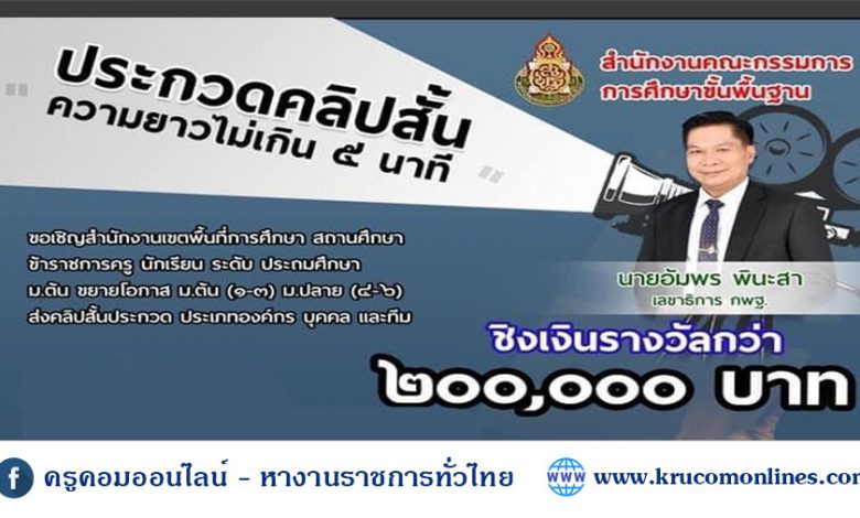 ประกวด 1 ขอเชิญ เขตพื้นที่ สถานศึกษา ข้าราชการครู นักเรียน ส่งคลิปสั้นประกวด ประเภทองค์กร บุคคล และทีม 2564