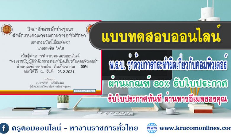 พรบคอม 1 แบบทดสอบออนไลน์ พระราชบัญญัติว่าด้วยการกระทำผิดเกี่ยวกับคอมพิวเตอร์ ผ่านเกณฑ์ 80% รับเกียรติบัตรฟรี