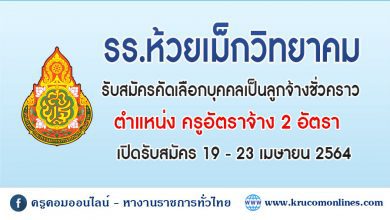 โรงเรียนห้วยเม็กวิทยาคม ประกาศรับสมัคร ครูอัตราจ้าง จำนวน 2 อัตรา