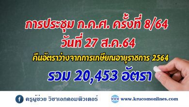 คืนอัตราว่างจากการเกษียณอายุราชการสิ้นปี งบ2564 รวม 20453 อัตรา