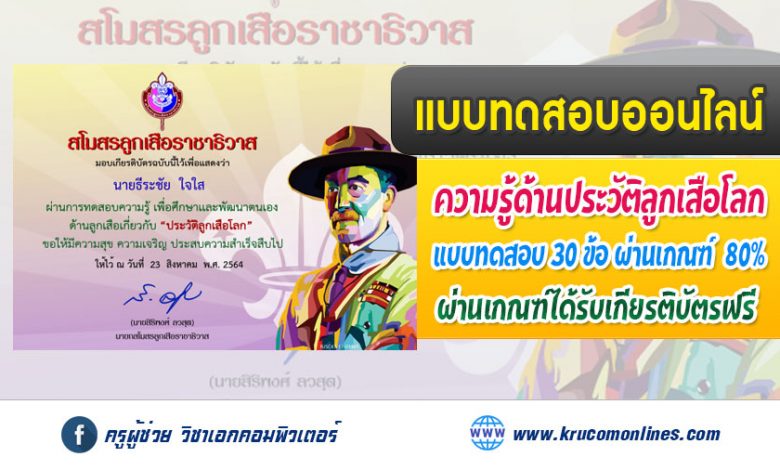 โรงเรียนอินทร์บุรี ร่วมกับ สโมสรลูกเสือราชาธิวาส จัดทำ แบบทดความรู้ เรื่อง ประวัติลูกเสือโลก