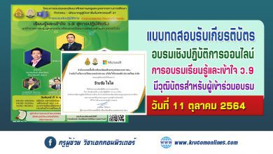 แบบทดสอบ การอบรมเรียนรู้และเข้าใจ ว.9 สู่การปฏิบัติจริง ผ่านระบบ Ms.Teams โรงเรียนราชวินิตบางแคปานขำ 11 ตุลาคม 2564