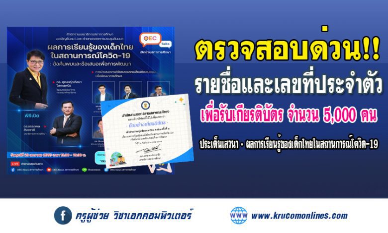 ประกาศรายชื่อและเลขที่ประจำตัว ผู้ลงทะเบียนสำเร็จ เพื่อรับเกียรติบัตร จำนวน 5,000 คน