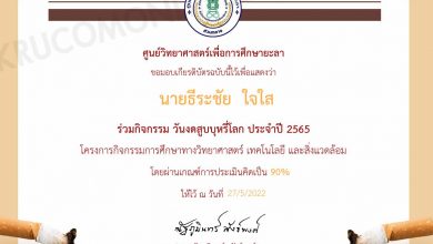 แบบทดสอบวันงดสูบบุหรี่โลก ประจำปี 2565 โดยศูนย์วิทยาศาสตร์เพื่อการศึกษายะลา ทดสอบได้คะแนน 80% ขึ้นไปจะได้รับเกียรติบัตรทันที