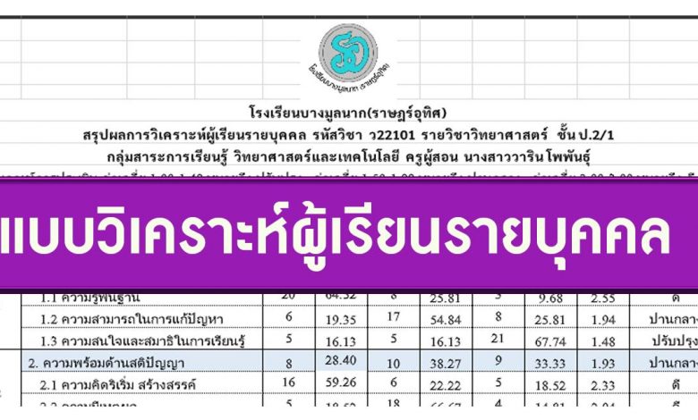 ดาวน์โหลดฟรี แบบวิเคราะห์ผู้เรียนรายบุคคล ไฟล์ Excel ปี 2565