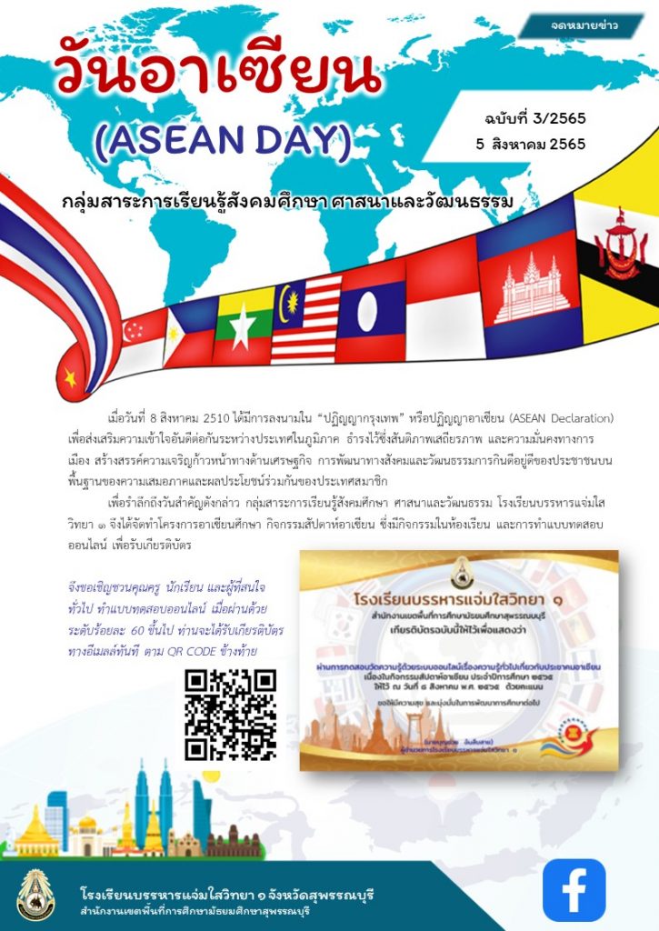 PPT จดหมายข่าวอาเซียน แบบทดสอบวันอาเซียน 2565 ผ่านเกณฑ์ทดสอบ 60% รับเกียรติบัตรทันที โดยโรงเรียนบรรหารแจ่มใสวิทยา ๑