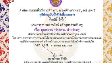 เกียรติบัตรของ ธีระชัย ใจใสรร บ้านวังกะทะ 01 แบบทดสอบออนไลน์ คุณธรรม จริยธรรม สำหรับครู หลักสูตรสำหรับครูผู้สอน ผ่านเกณฑ์ 70% รับเกียรติบัตรฟรี จัดทำโดยสพปเพชรบูรณ์เขต3