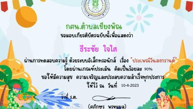 Certificate for for ... 01 แบบทดสอบประเพณีวันสงกรานต์ 2566 ผ่านเกณฑ์ 70% ขึ้นไปรับเกียรติบัตรฟรี จัดทำโดย กศน.ตำบลเชียงพิณ อำเภอเมืองอุดรธานี