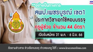 สพป.เพชรบูรณ์ เขต1 ประกาศวิชาเอกใช้สอบบรรจุครูผู้ช่วย 1/2566 จำนวน 7 วิชาเอก 44 อัตรา ขอบคุณข้อมูล เพจกลุ่มบุคคล เพชรบูรณ์ เขต 1