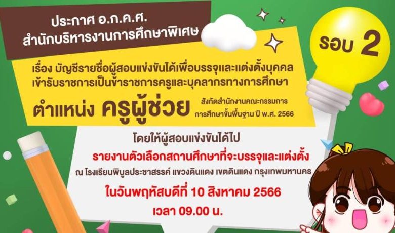 สำนักบริหารงานการศึกษาพิเศษ เรียกบรรจุครูผู้ช่วยรอบ2 จำนวน 221 อัตรา บัญชีปี 1/2566 รายงานตัว 10 สิงหาคม 2566