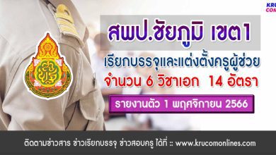 สพป.ชัยภูมิเขต1 เรียกบรรจุครูผู้ช่วย 14 อัตรา บัญชี 1/2566 รายงานตัว 1 พฤศจิกายน 2566