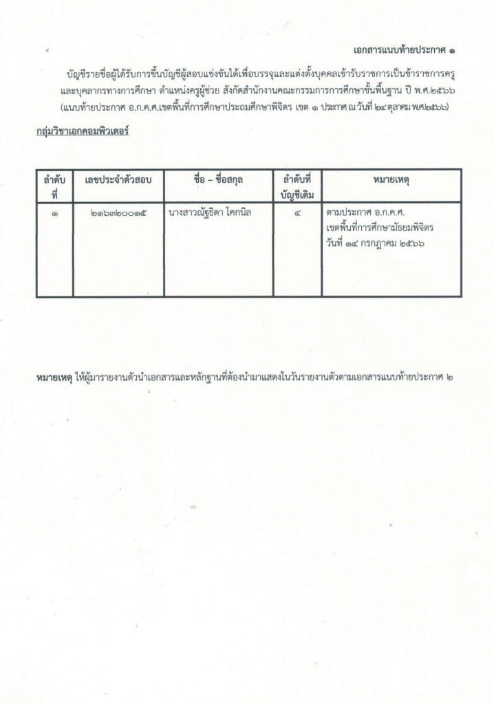 ประกาศ ฯ 04 สพป.พิจิตรเขต1 เรียกบรรจุครูผู้ช่วย 5 อัตรา บัญชี 1/2564 รายงานตัว 1 พฤศจิกายน 2566