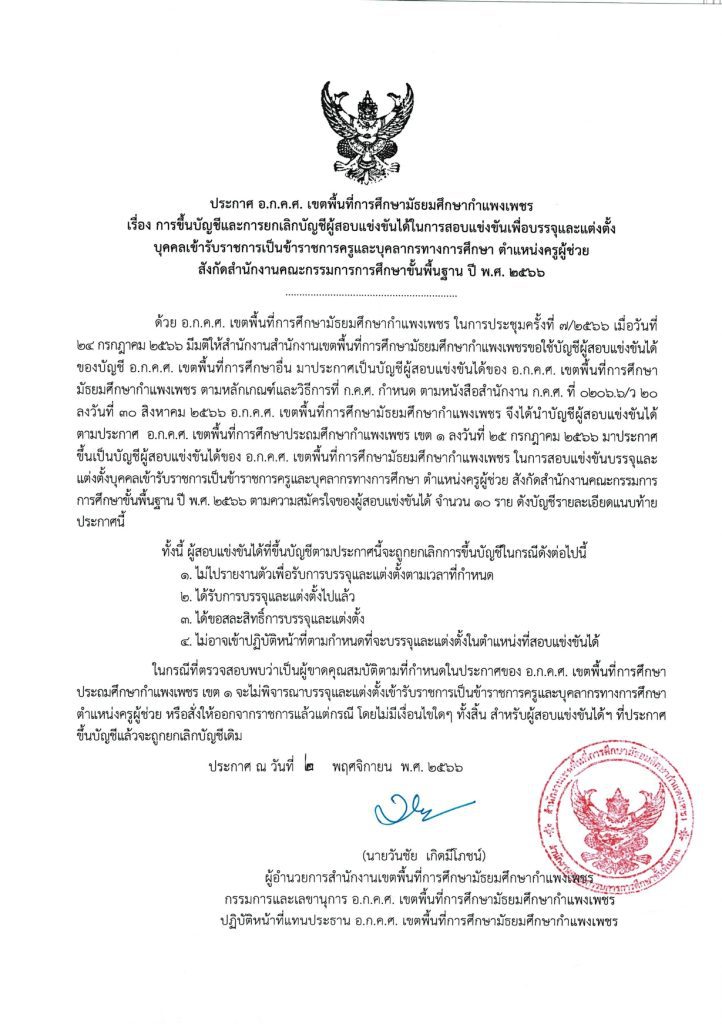 สพม.กำแพงเพชร ขอใช้บัญชีเรียกบรรจุครูผู้ช่วย จำนวน 10 อัตรา จากบัญชีครูผู้ช่วย 1/2566 รายงานตัว 13 พฤศจิกายน 2566