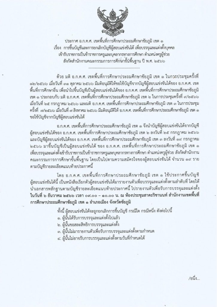 สพป.ชัยภูมิเขต1 ขอใช้บัญชีเรียกบรรจุครูผู้ช่วยจำนวน 19 อัตรา บัญชี 1/2566 รายงานตัว 6 ธันวาคม 2566