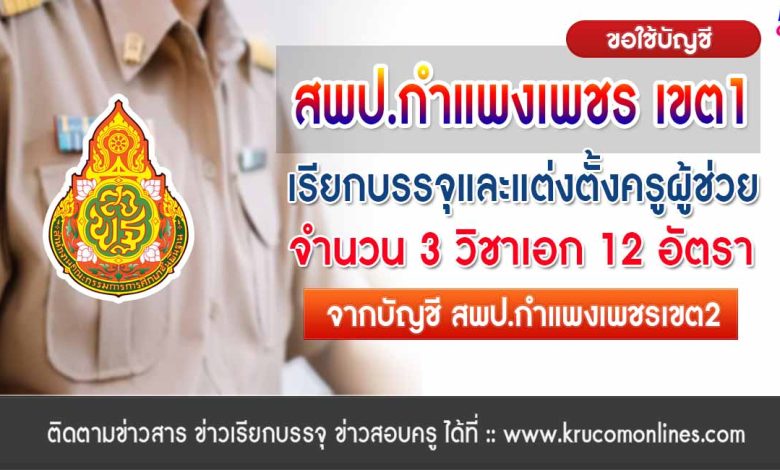 สพป.กำแพงเพชรเขต1 ขอใช้บัญชีเรียกบรรจุครูผู้ช่วย จำนวน 12 อัตรา