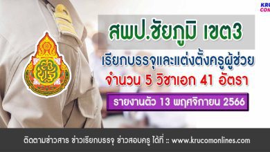 สพป.ชัยภูมิเขต3 เรียกบรรจุครูผู้ช่วย จำนวน 41 อัตรา จากบัญชีครูผู้ช่วย สังกัด สพฐ. 1/2566 รายงานตัว 13 พฤศจิกายน 2566