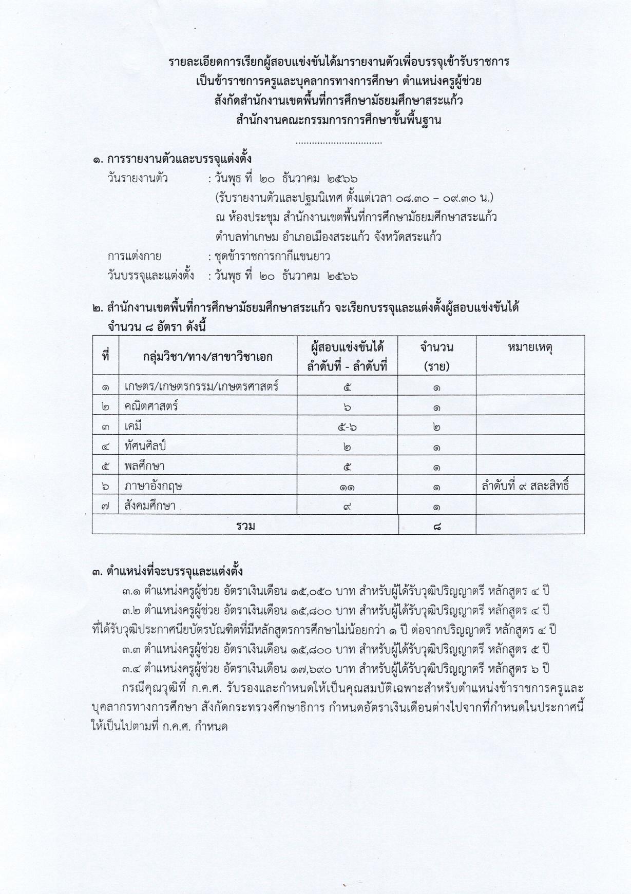 สพม.สระแก้ว เรียกบรรจุครูผู้ช่วยรอบ4 จำนวน 8 อัตรา บัญชี ครูผู้ช่วย สพฐ. 1/2566 กำหนดให้มารายงานตัว 20 ธันวาคม 2566