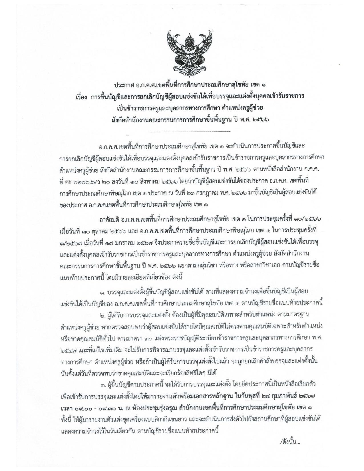 สพป.สุโขทัยเขต1 ขอใช้บัญชีเรียกบรรจุครูผู้ช่วย จำนวน 6 อัตรา กำหนดรายงานตัว 28 กุมภาพันธ์ 2567