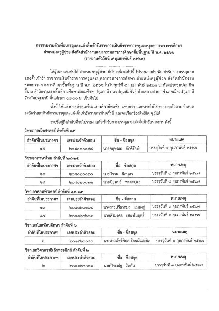 รายงานตัวรอบที่ 5 02 สพม.ปทุมธานี เรียกบรรจุรอบ5 ตำแหน่ง ครูผู้ช่วย จำนวน 7 อัตรา