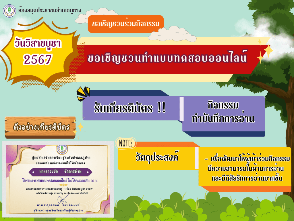 แบบทดสอบวันวิสาขบูชา 2567 ผ่านเกณฑ์ 80% รับเกียรติบัตรฟรี จัดทำโดย ห้องสมุดประชาชนอำเภอภูซาง