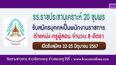 โรงเรียนราชประชานุเคราะห์ 20 ชุมพร รับสมัครครูผู้สอน 8 อัตรา