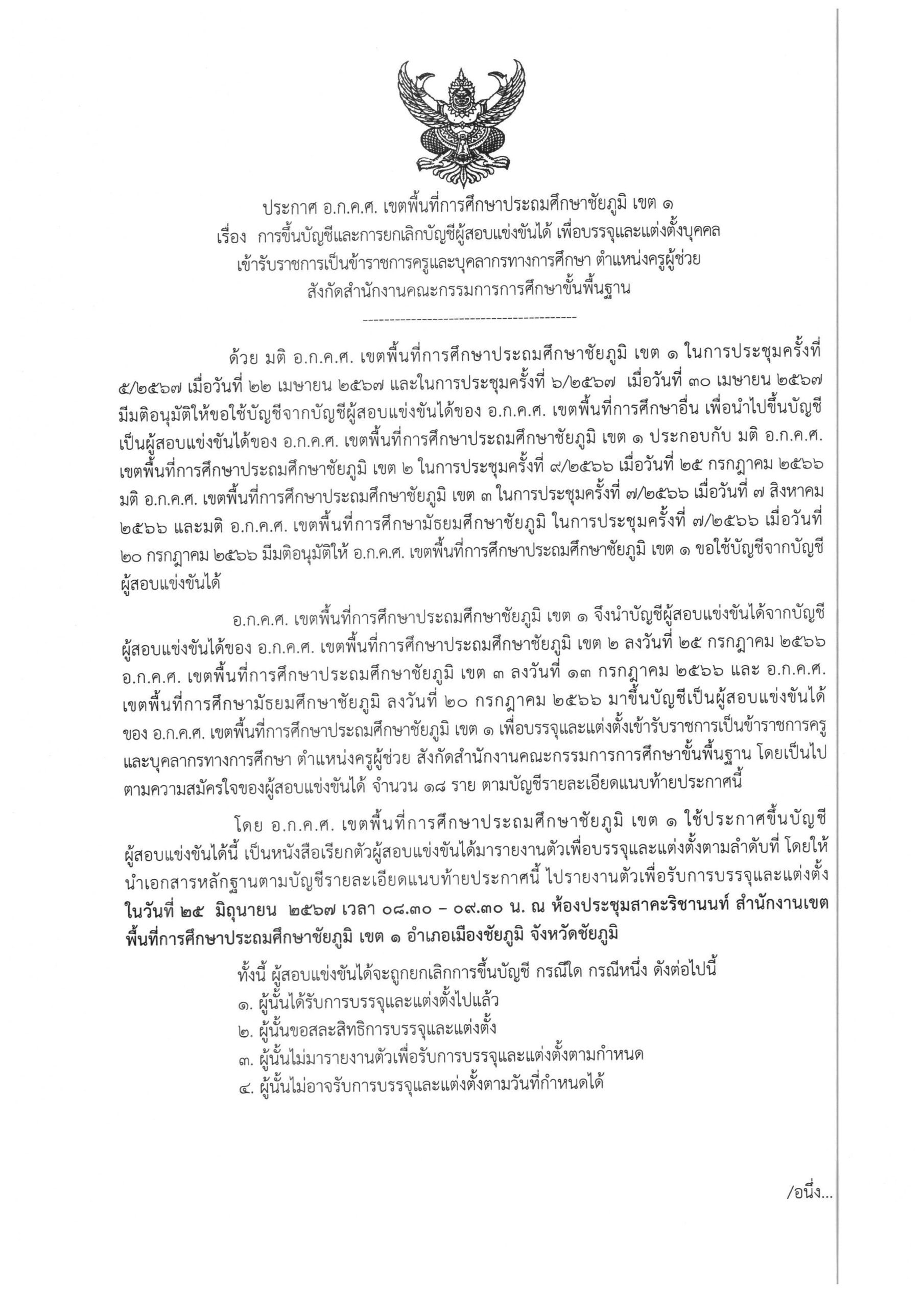 สพป.ชัยภูมิเขต1 เรียกบรรจุครูผู้ช่วย จำนวน 18 อัตรา