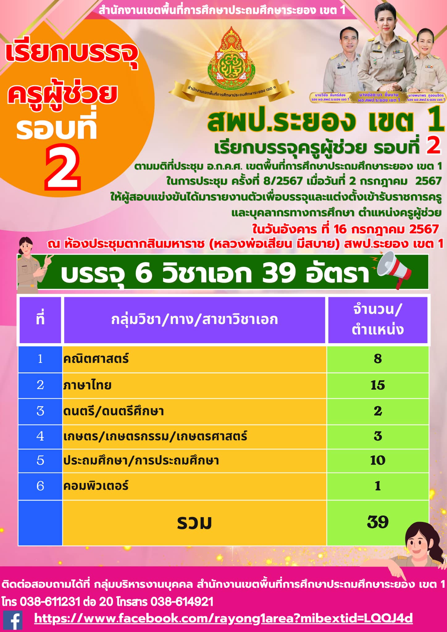 สพป.ระยองเขต1 เรียกบรรจุครูผู้ช่วยครั้งที่2 จำนวน 39 อัตรา บัญชี 2567 กำหนดรายงานตัววันที่ 16 กรกฎาคม 2567