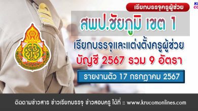 สพป.ชัยภูมิเขต1 เรียกบรรจุครูผู้ช่วยครั้งที่2 จำนวน 9 อัตรา บัญชี 2567