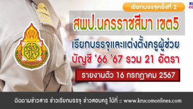 สพป.นครราชสีมาเขต5 เรียกบรรจุครูผู้ช่วยครั้งที่2 จำนวน 17 อัตรา กำหนดรายงานตัววันที่ 16 กรกฎาคม 2567