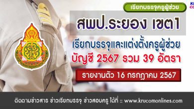 สพป.ระยองเขต1 เรียกบรรจุครูผู้ช่วยครั้งที่2 จำนวน 39 อัตรา บัญชี 2567 กำหนดรายงานตัววันที่ 16 กรกฎาคม 2567