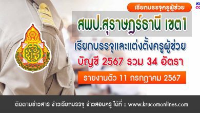 สพป.สุราษฎร์ธานีเขต1 เรียกบรรจุครูผู้ช่วยครั้งที่2 จำนวน 34 อัตรา บัญชี 2567