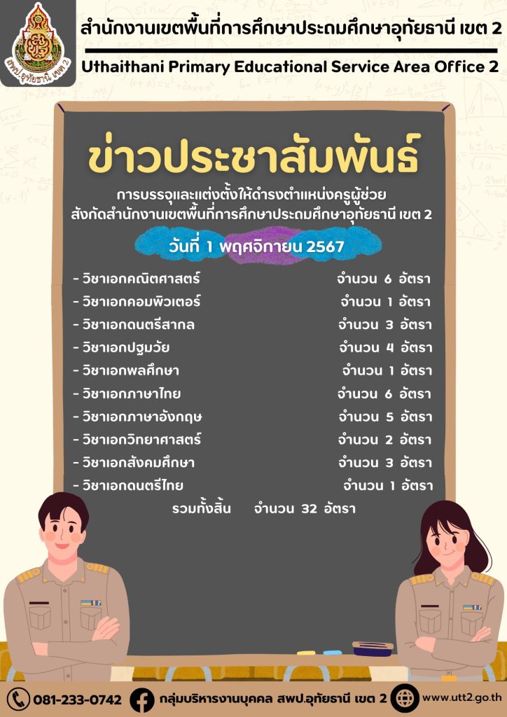 สพป.อุทัยธานี เขต2 เรียกบรรจุครูผู้ช่วย 32 อัตรา